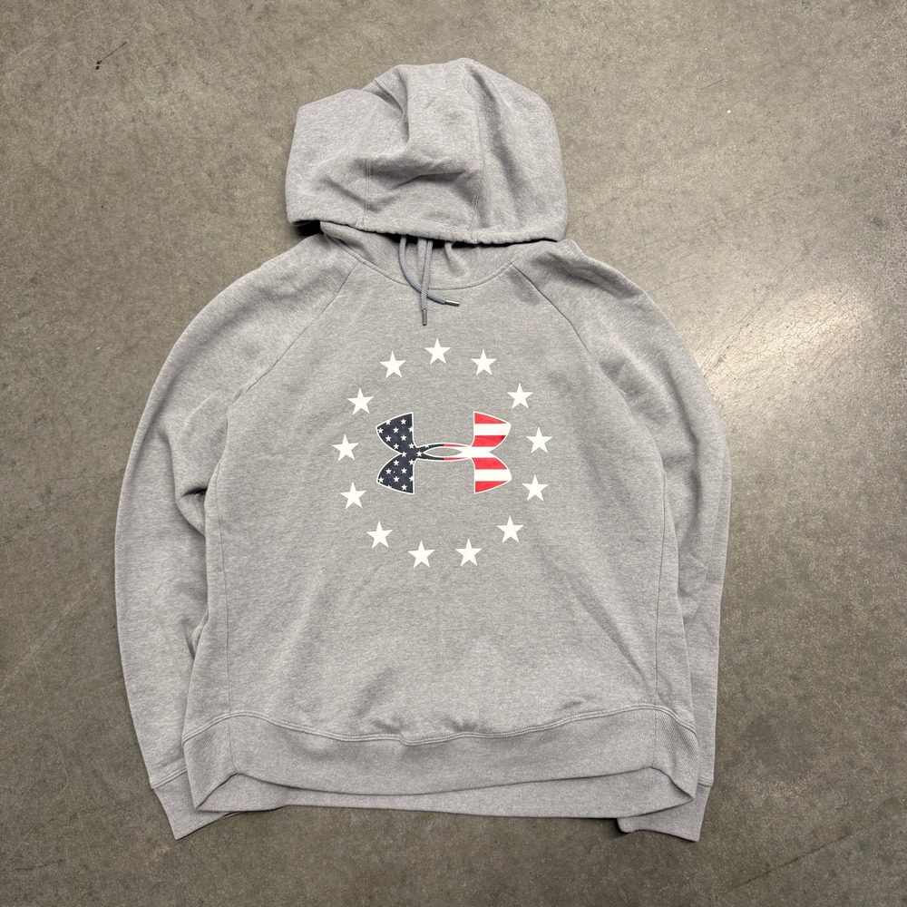 Under Armour Freedom Hoodie Mens Medium Gray USA Flag Stars Logo Sweatshirt